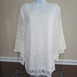 Collections Ect White Lace Lined Tunic L Fairy Whimsy Boho Chic Bell Sleeve